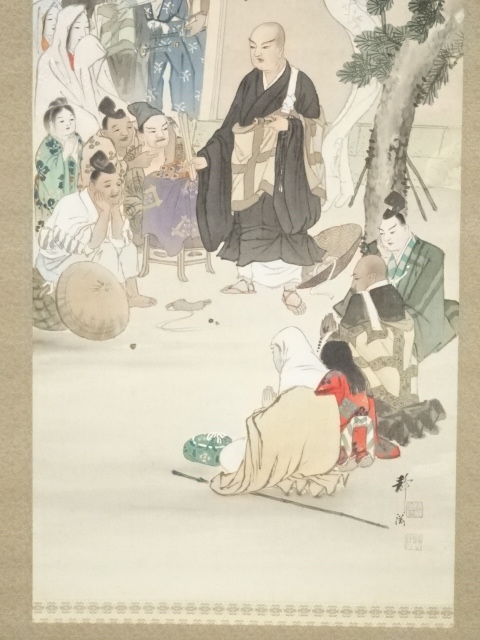 掛軸 佐久間『桜花武士図』日本画 絹本 共箱付 掛け軸 R03182 掛軸